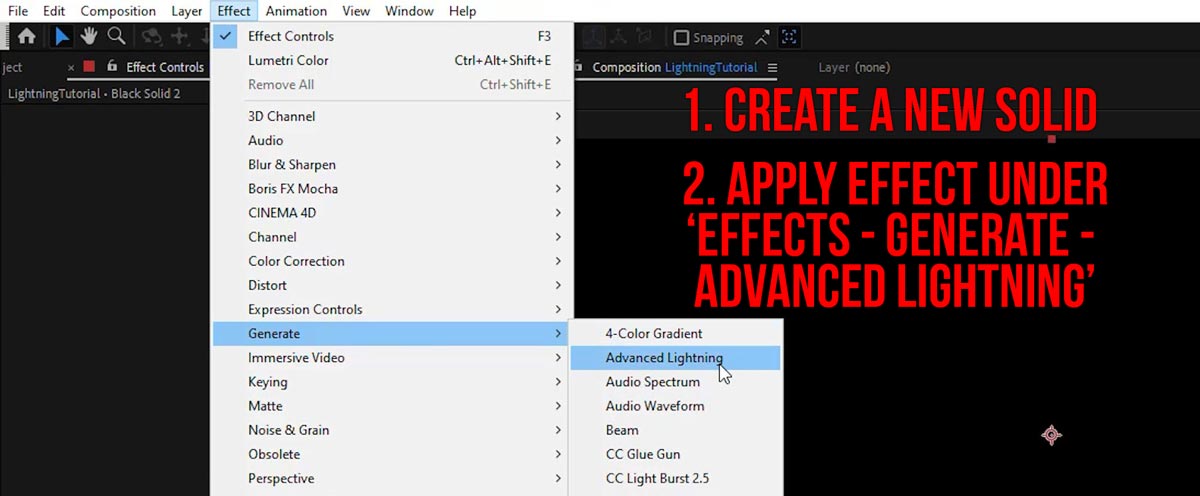 After Effects Lightning - apply to solind under 'Effects - Generate - Advanced Lightning'