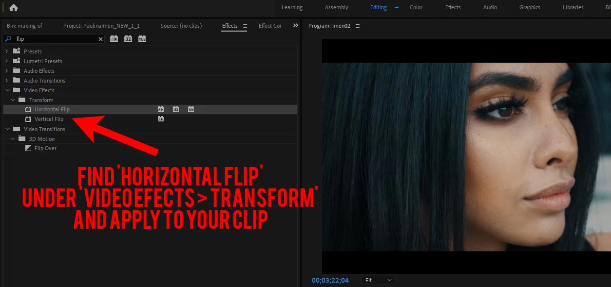 Apply the 'Horizontal Flip' effect (under 'Video Effects > Transform) to your clip