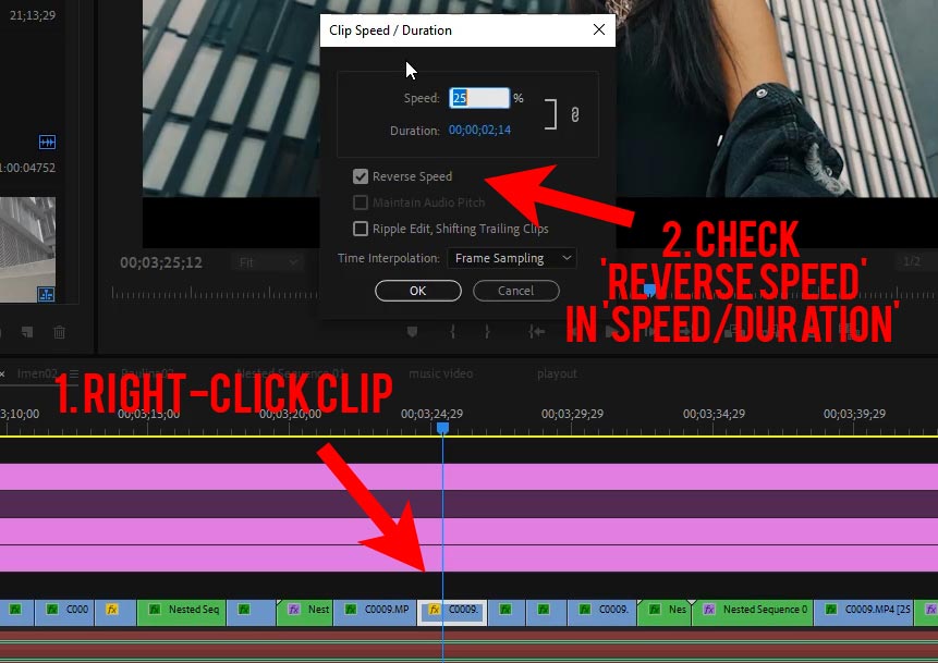 Reverse Clip - Right-Click, check 'Reverse Speed' under 'Speed/Duration'