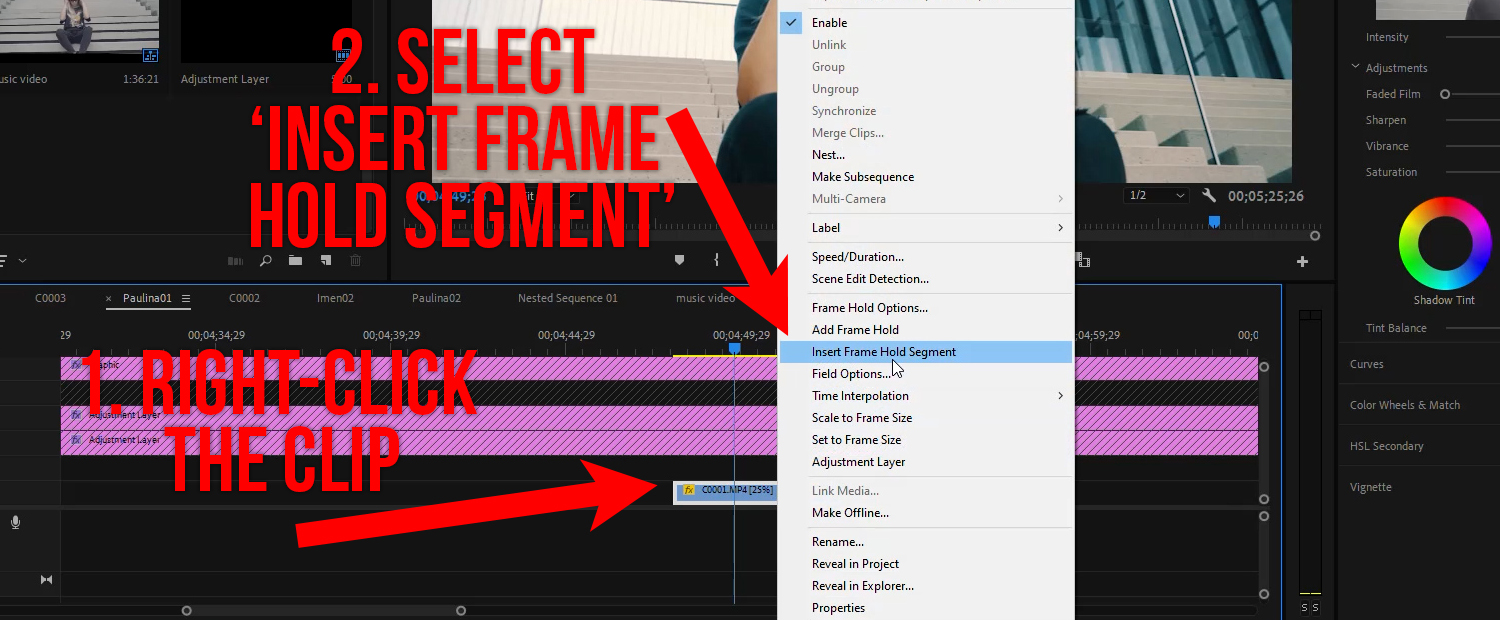 Freeze Frame in Premiere - Just right-click and select 'Insert Frame Hold Segment'