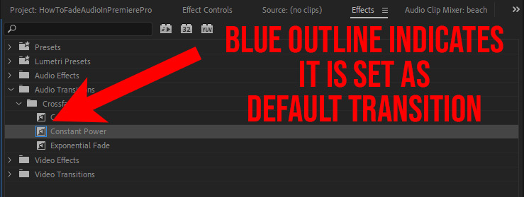 The blue outline indicates that this is set as a default transition